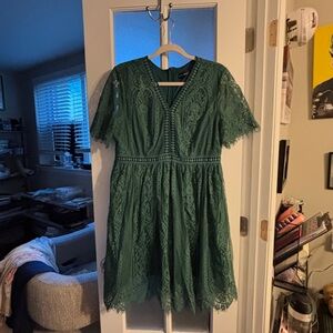 Lace Fit & Flare Dress in Forest Green - Women